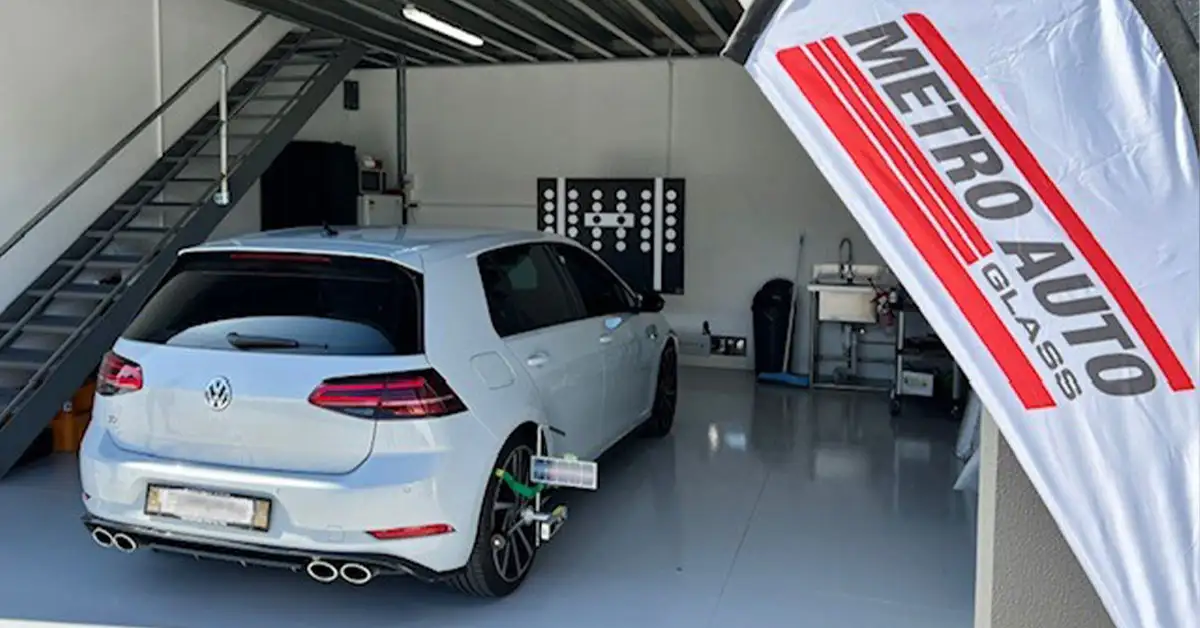 ADAS static calibration target set up in front of a vehicle