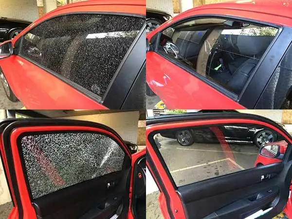 Before and after of a smashed car side window replacement