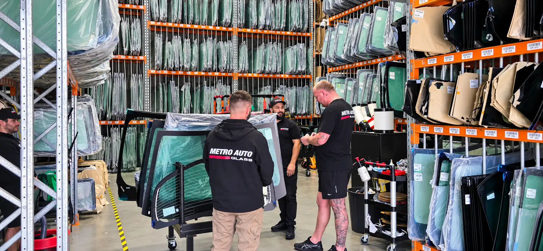 Metro Auto Glass technicians in the Strathfield South warehouse with 2,500+ windscreens in stock