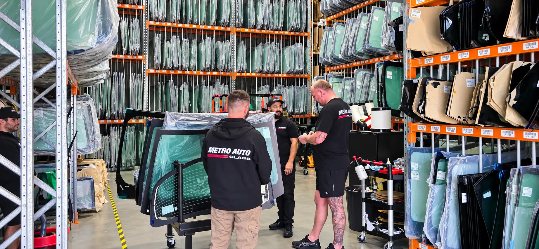 Windscreen stock racks in the Strathfield South warehouse