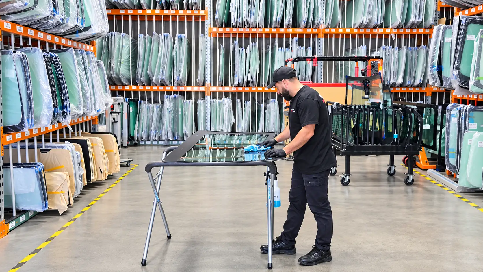 Metro Auto Glass technician preparing a windscreen in the workshop