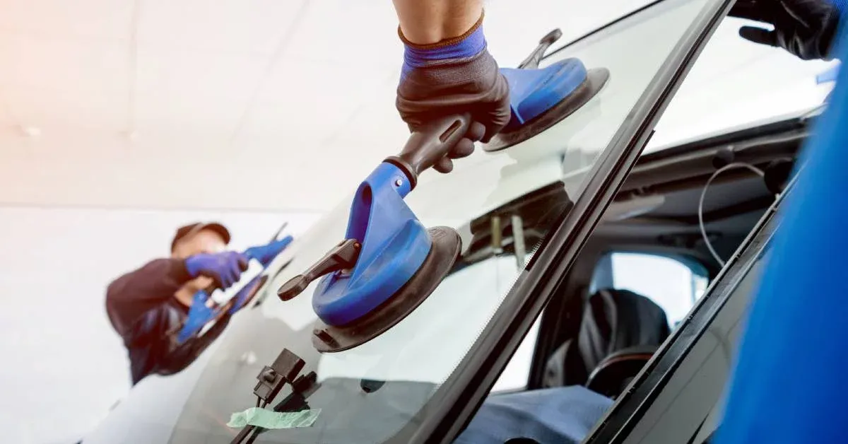A replacement windscreen being installed into a vehicle body